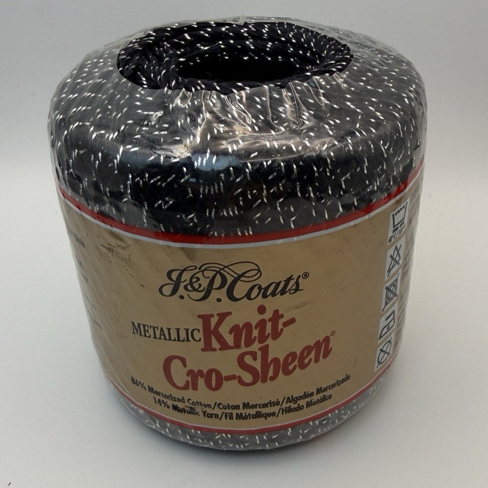 J&P Coats Mercerized Cotton Metallic Yarn Knit Black Silver Crochet Thread 100y